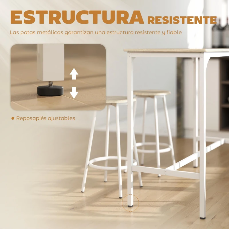 HOMCOM Set de Mesa de Bar y 4 Taburetes Estilo Industrial Marco de Metal para Cocina Salón Natural y Blanco