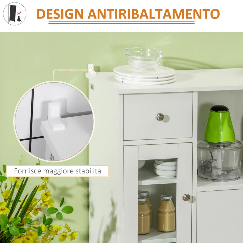 HOMCOM Credenza Buffet con Vano Aperto, Cassetto, 3 Ripiani e Armadietto a 2 Ante, in Legno, 80x30x82 cm, Bianco