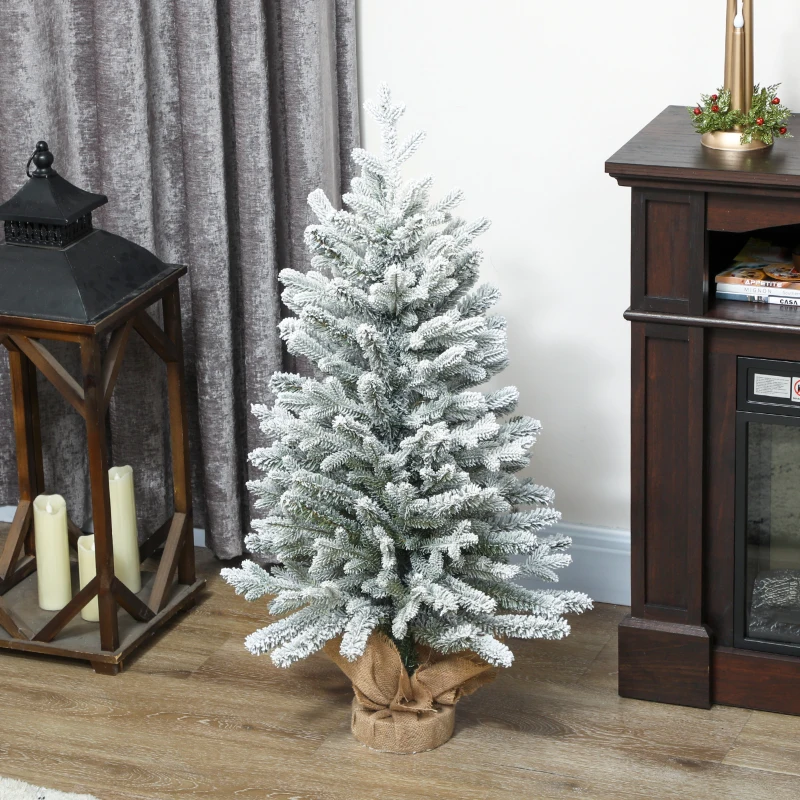 HOMCOM Mini Künstlicher Weihnachtsbaum 90 cm künstlich Tannenbaum mit Schnee, 486 Spitzen Zementbasis Leinenbezug