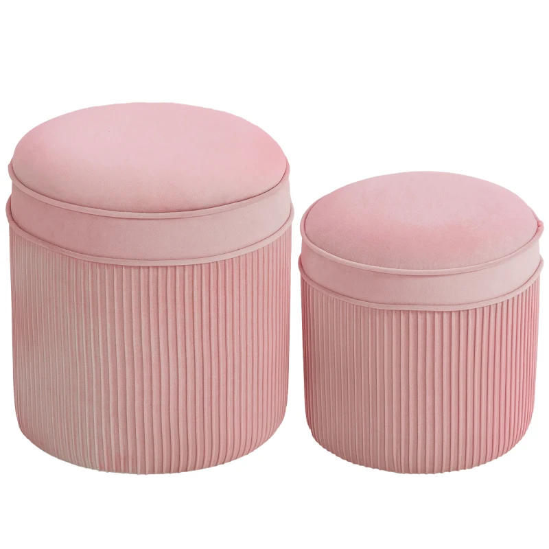 HOMCOM Set 2 Pouf Poggiapiedi Rotondi Impilabili e Imbottiti con Rivestimento in Velluto, Contenitore da 34.8L, Rosa