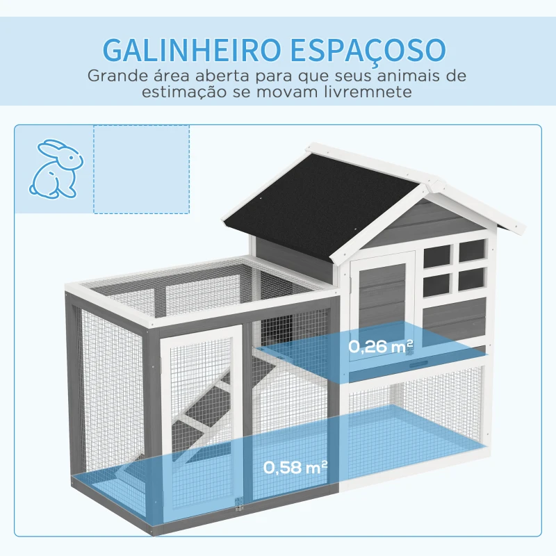 PawHut Coelheira de Madeira Exterior de 2 Níveis com Zona Aberta Teto Asfáltico Bandeja Removível e Rampa 122x62,6x92 cm Cinzento