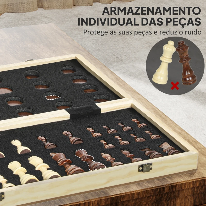 SPORTNOW Jogo de Xadrez e Damas em Madeira com Tabuleiro Dobrável Peças de Pinho e Compartimentos de Armazenamento 38,5x38,5x2,8 cm Madeira e Branco