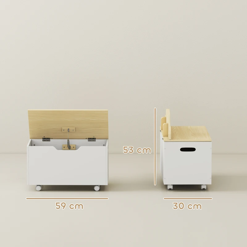 AIYAPLAY Baú de Brinquedos com Rodas com Tampa Abatível e Dobradiça de Segurança Desenho de Nuvem  59x30x53 cm Branco e Madeira