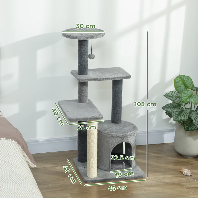 PawHut Albero per Gatti Multilivello Alto 103 cm con Pali Tiragraffi in Sisal, Casetta e Pallina in Peluche, Grigio