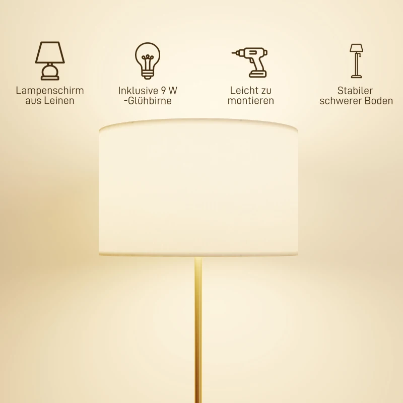 HOMCOM Stehlampe mit Fernbedienung, höhenverstellbar, Stoffschirm, Metallständer, anpassbare Helligkeit, Fußschalter, Goldfarben