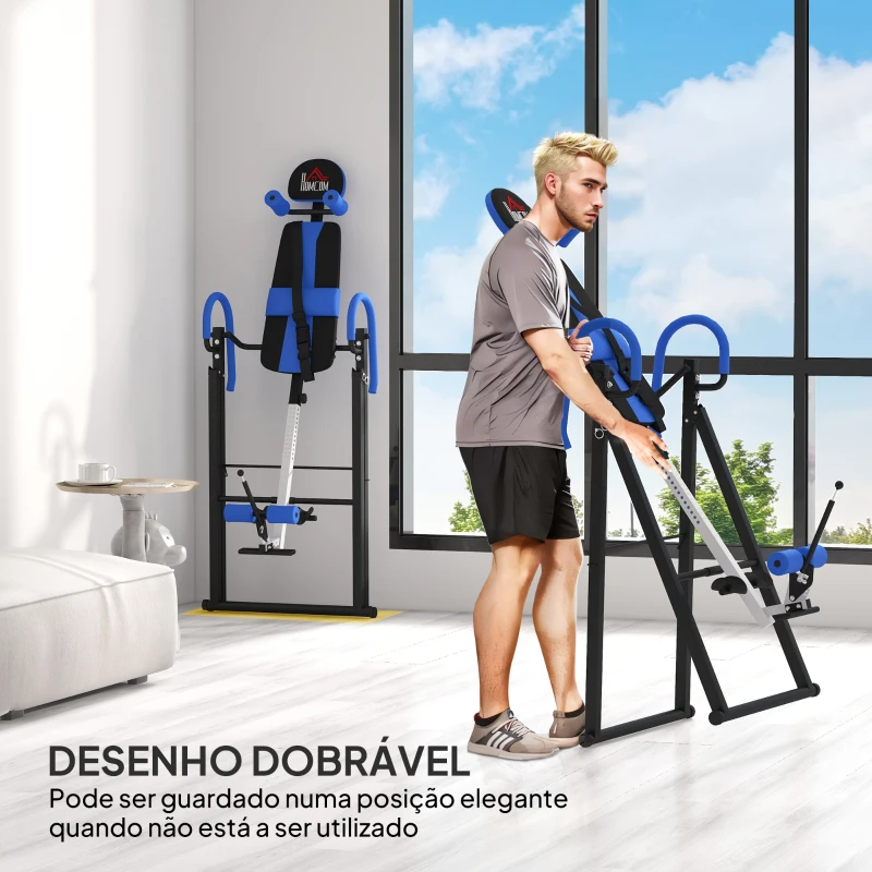 HOMCOM Mesa de Inversão Dobrável com Cinto de Segurança Altura Regulável para Utilizadores de 1,30 a 1,90 m 79x114x153 cm Preto e Azul