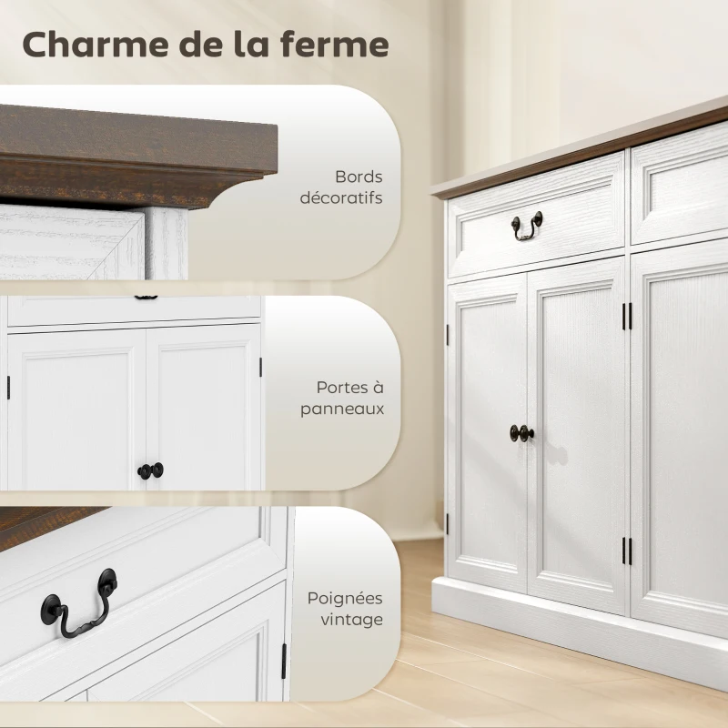 HOMCOM Buffet salon, meuble de rangement avec 4 portes, 2 tiroirs silencieux, étagères réglables, 140x40x85cm, blanc et marron