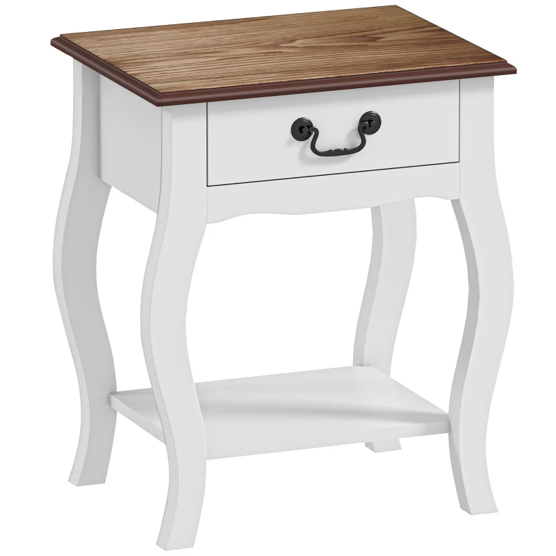 HOMCOM Comodino con Cassetto e Ripiano Aperto in Stile Francese in Legno, 45x35x55 cm, Bianco e Rovere
