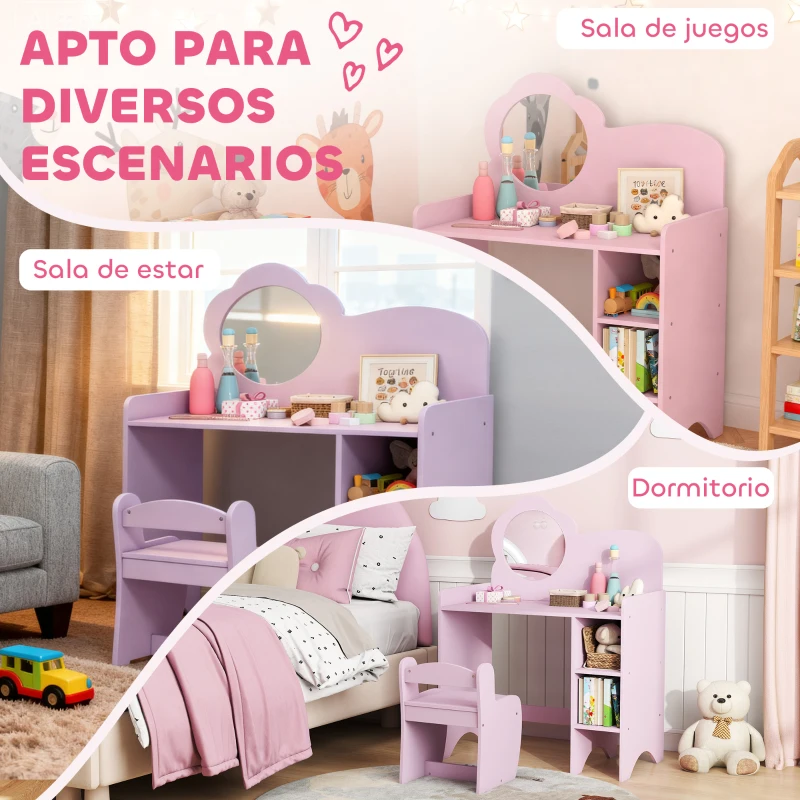 AIYAPLAY Tocador Infantil con Taburete y Espejo en Forma de Flor con Estantes Abiertos para Niños y Niñas de 3-8 Años Morado