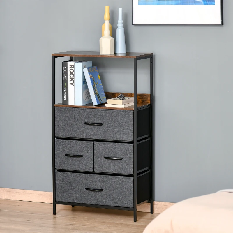 HOMCOM Commode chambre meuble de rangement 4 tiroirs en tissu pliables avec étagères ouvertes et cadre en métal, gris foncé