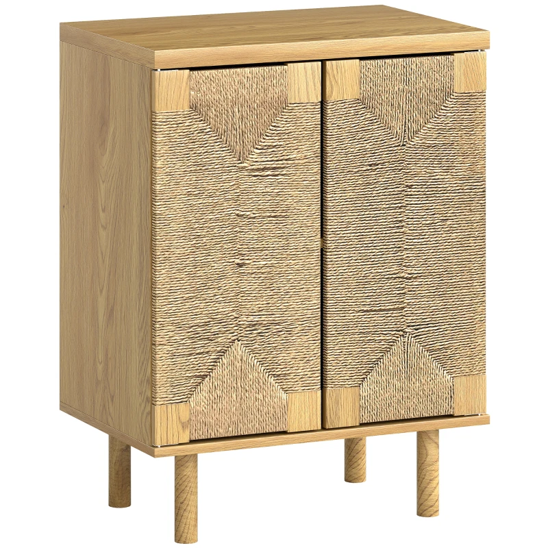 HOMCOM Aparador Bohemio de 2 Puertas con Cuerda Tejida a Mano Estante Ajustable Apertura por Presión Roble 60x40x78 cm