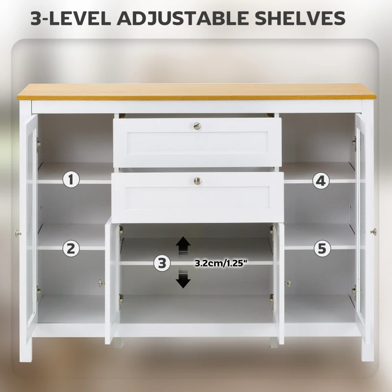 HOMCOM Comodă de Bucătărie cu Sertare, Dulapuri și Uși din Sticlă Alb și Stejar