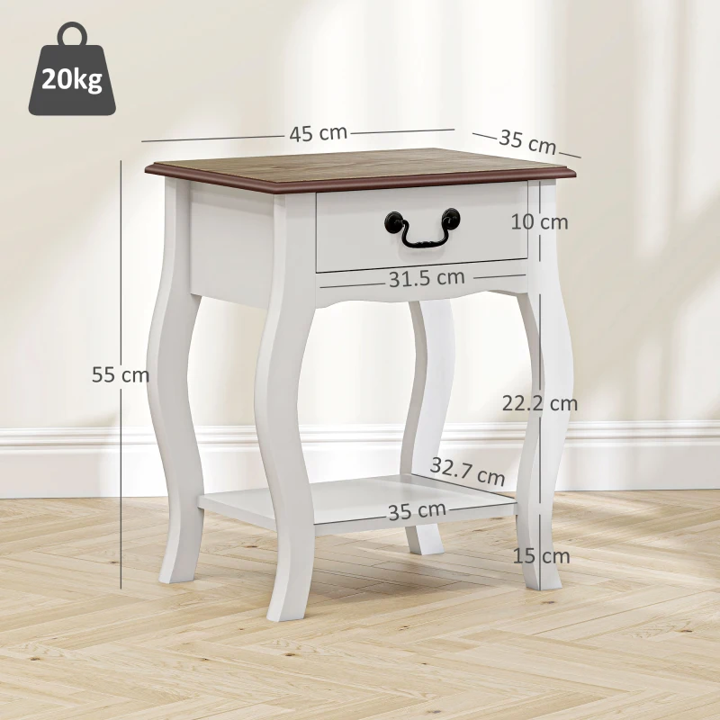 HOMCOM Comodino con Cassetto e Ripiano Aperto in Stile Francese in Legno, 45x35x55 cm, Bianco e Rovere