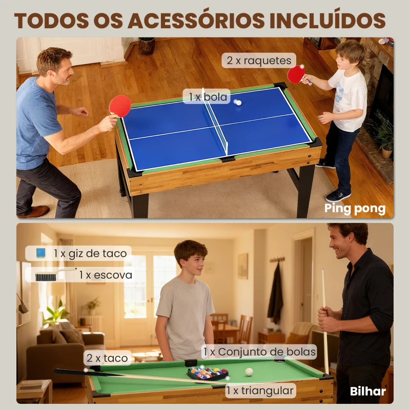 SPORTNOW Mesa Multijogos 13 em 1 Mesa de Jogo com Matraquilho Bilhar Ping-Pong Hóquei Xadrez Damas Backgammon e Acessórios 121x109x80 cm Madeira e Preto
