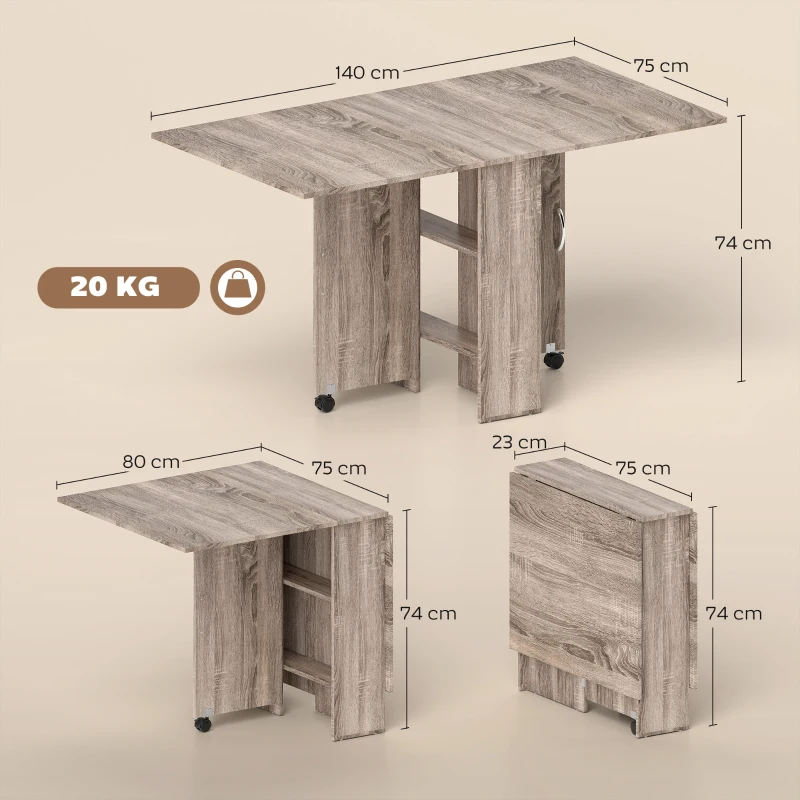 HOMCOM Tavolo a Ribalta con 2 Ripiani Inferiori per 6 Persone Max, in Legno 140x75x74 cm, Grigio