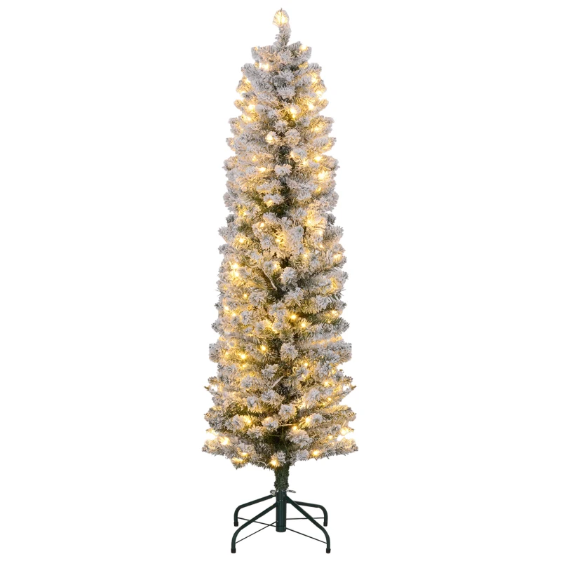 HOMCOM Sapin de Noël artificiel 150 cm avec éclairage LED blanc chaud, 263 branches enneigées, base en métal, réaliste et fin