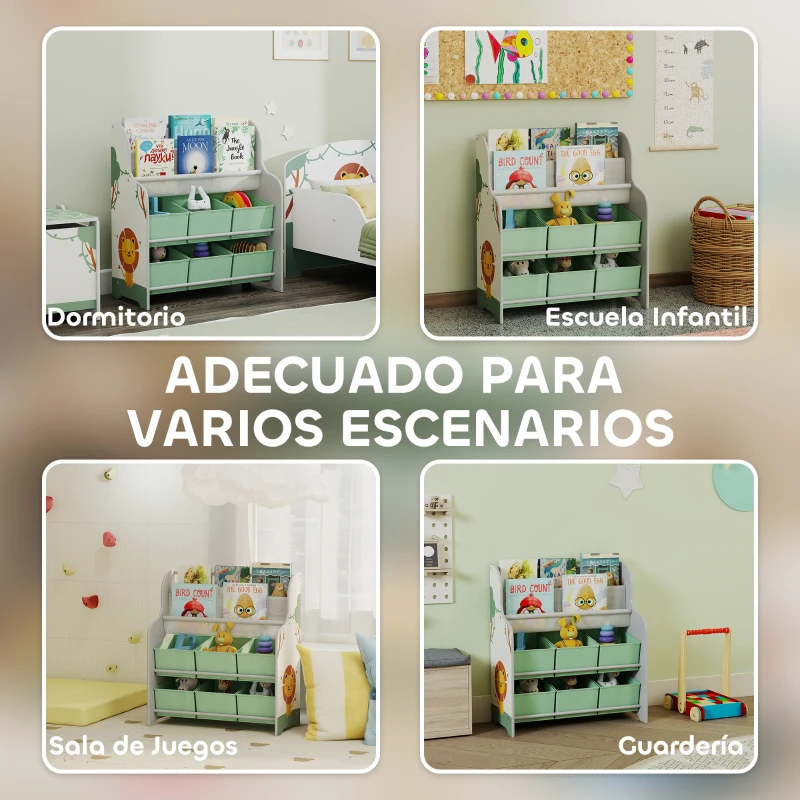 AIYAPLAY Estantería Infantil para Juguetes con 6 Cajas Extraíbles de Tela no Tejida y 2 Estantes para Guardería 63x30x71 cm Verde