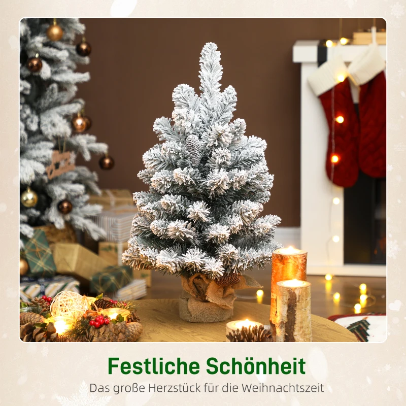 HOMCOM Mini Künstlicher Weihnachtsbaum 60 cm Tannenbaum künstlich mit Schnee, 72 Spitzen 6 Tannenzapfen Zementbasis