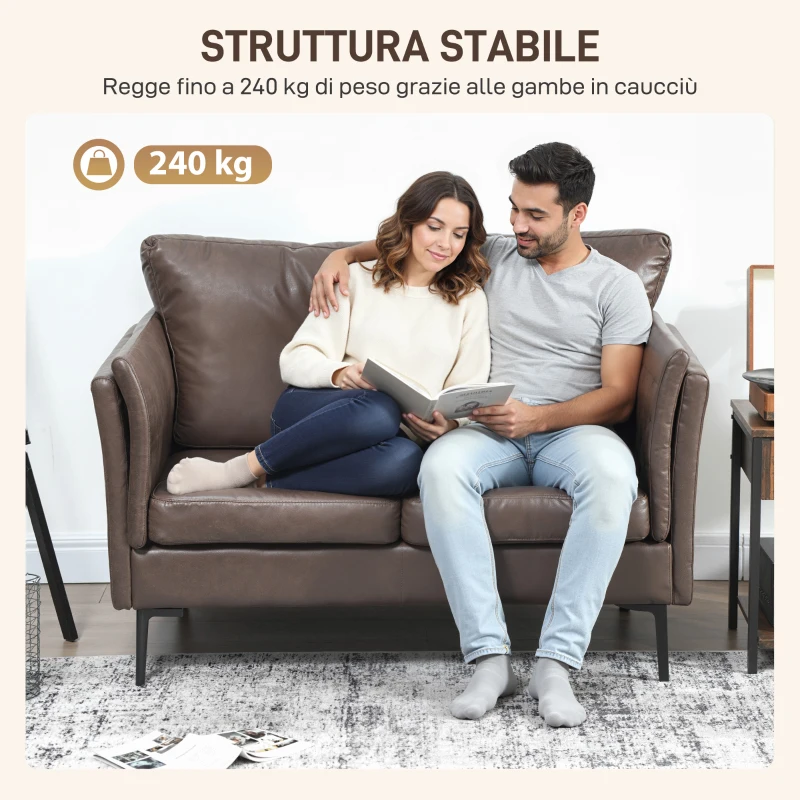 HOMCOM Divano 2 Posti in Pelle Traspirante con Imbottitura Spessa e Gambe in Metallo, 137x72x88 cm, Marrone Scuro