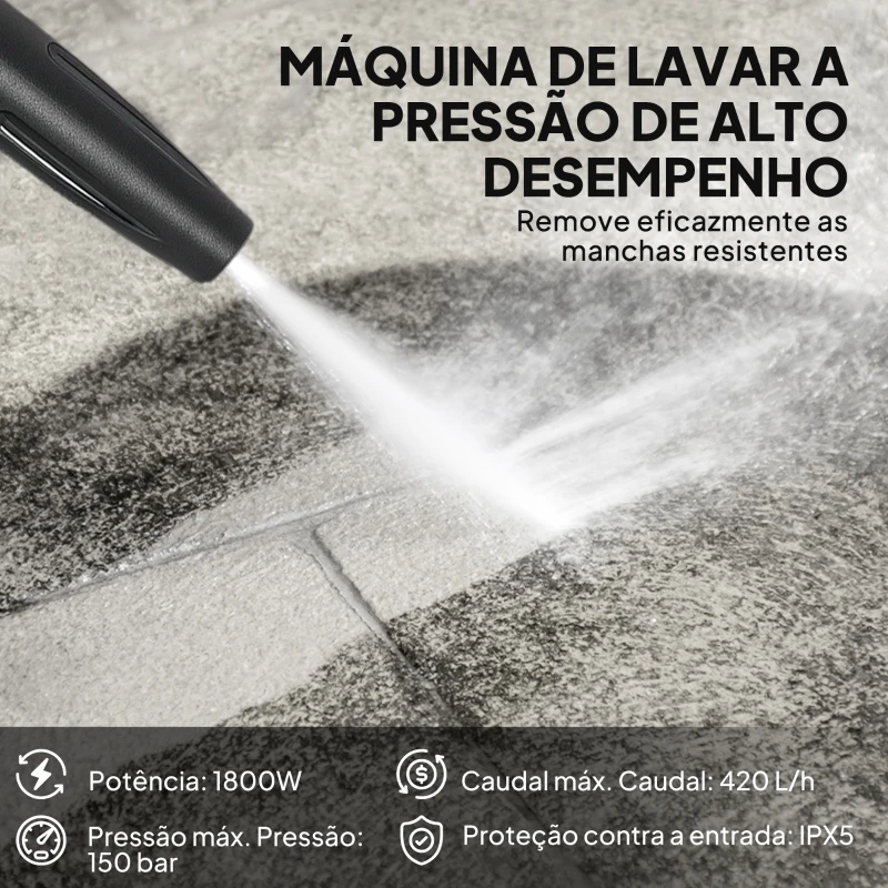 Outsunny Lavadora de Alta Pressão 1800W 150 Bar Caudal 420 L/h com Paragem Automática Mangueira de 6 m 30x27,5x76 cm Vermelho