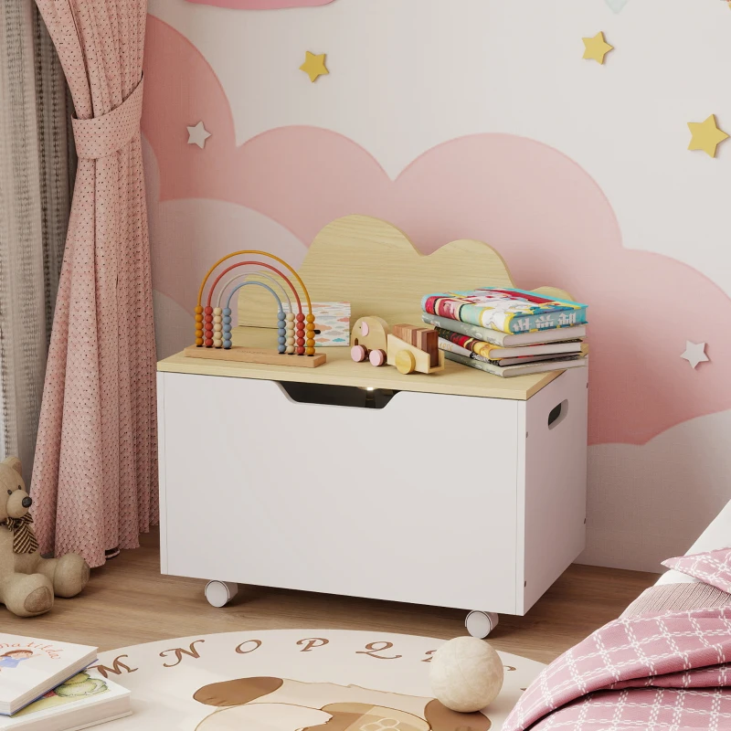 AIYAPLAY Baúl Juguetes Infantil con Ruedas Tapa Abatible con Bisagra de Seguridad Diseño de Nube Blanco y Natural