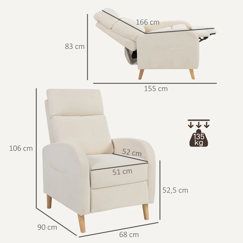 HOMCOM Poltrona Relax Reclinável Manual Estofada em Linho Sintético com Apoio para os Pés e Bolso Lateral 68x90x106 cm Creme
