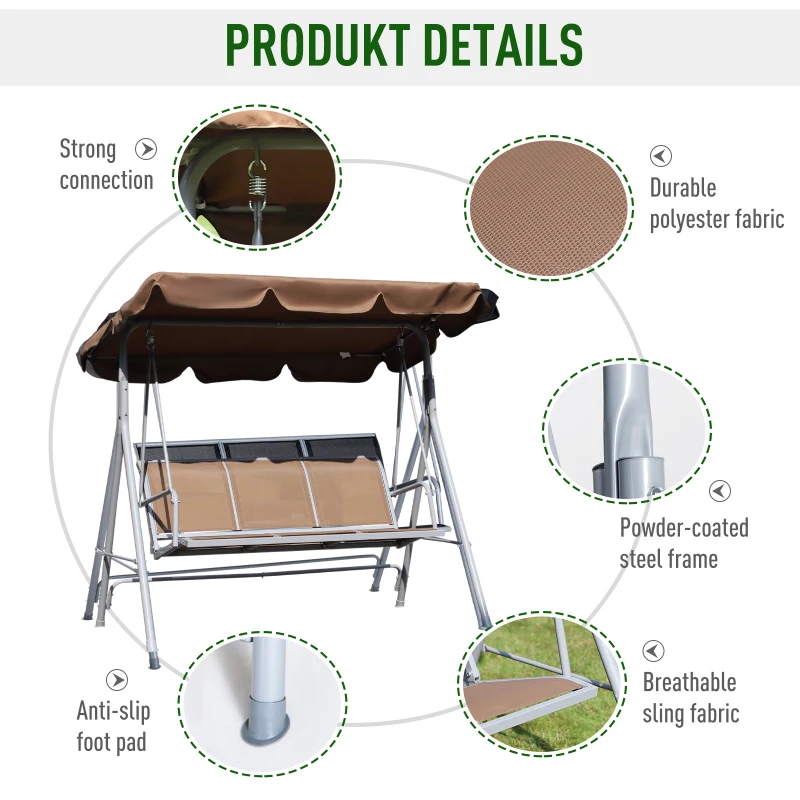 Outsunny 3-Seater Swing Chair with Canopy, Garden Swing Seat Patio Hammock Bench, Brown