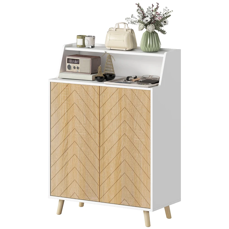 HOMCOM Zapatero Entrada Recibidor con 2 Puertas Estantes Ajustables y Compartimento Abierto 75x35x104 cm Blanco y Natural