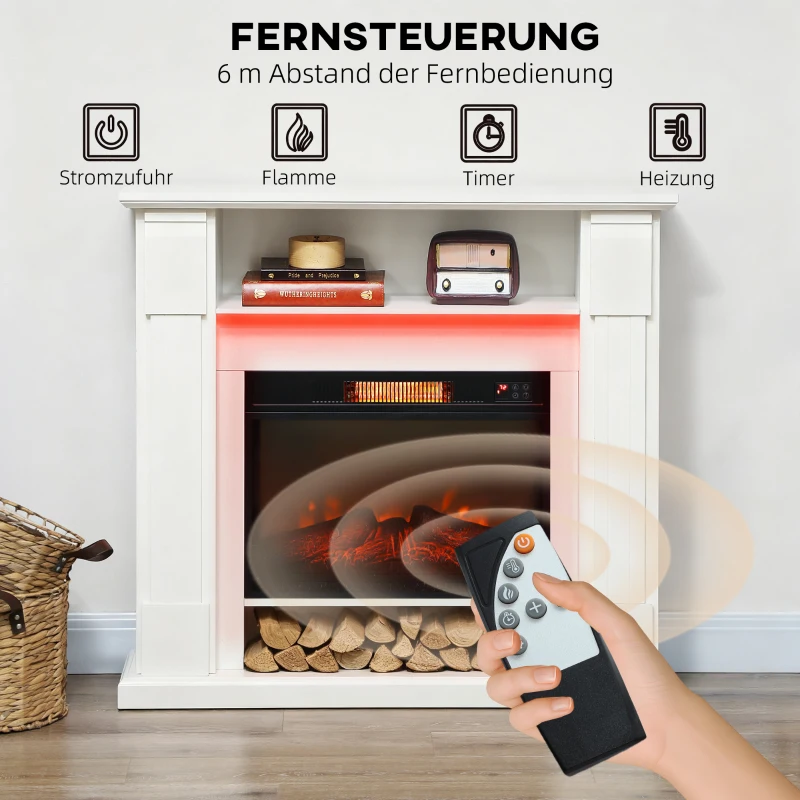 HOMCOM Elektrischer Kamin mit LED-Lichtern, realistischer Flammen-Effekt, 1800W, Kaminsims, 2 Fernbedienungen, Glas, Weiß