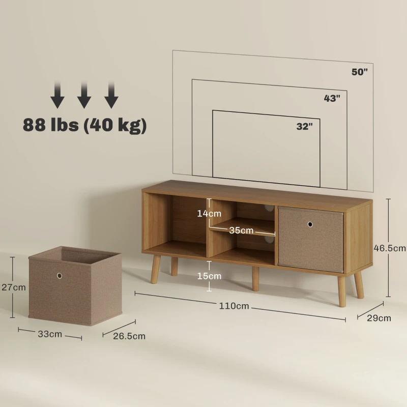 HOMCOM TV Stand for TVs up to 50 Inches with 2 Fabric Drawers and Open Shelves Wood and Brown