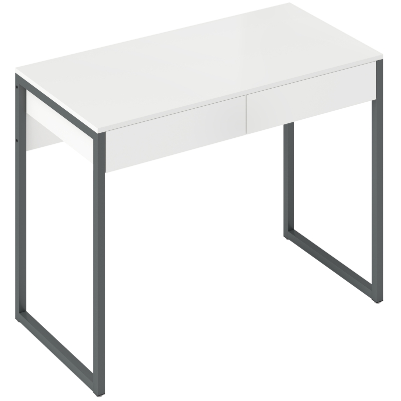 HOMCOM Escritorio con 2 Cajones 100x50x75 cm Mesa de Ordenador Patas de Acero para Casa Espacios Pequeños Blanco Brillante