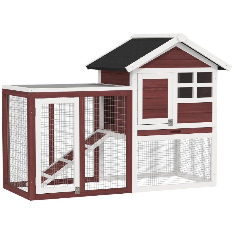 PawHut Clapier cage à lapins multi-équipé : niche supérieure avec rampe, plateau excrément, fenêtre + enclos  extérieur sécurisé 2 portes 123,5L x 62,6l x 92,5H cm rouge brique