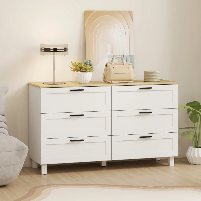 HOMCOM Commode moderne 6 tiroirs en panneaux de particules, pin et MDF, 120x38x71 cm, Blanc et couleur bois