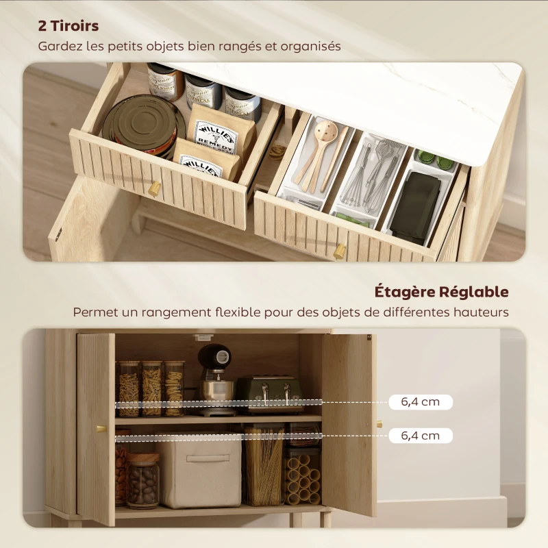 HOMCOM Buffet, meuble de rangement cannelé avec plateau effet marbre, 2 tiroirs, 2 portes, étagère réglable, 77x30x80cm, chêne