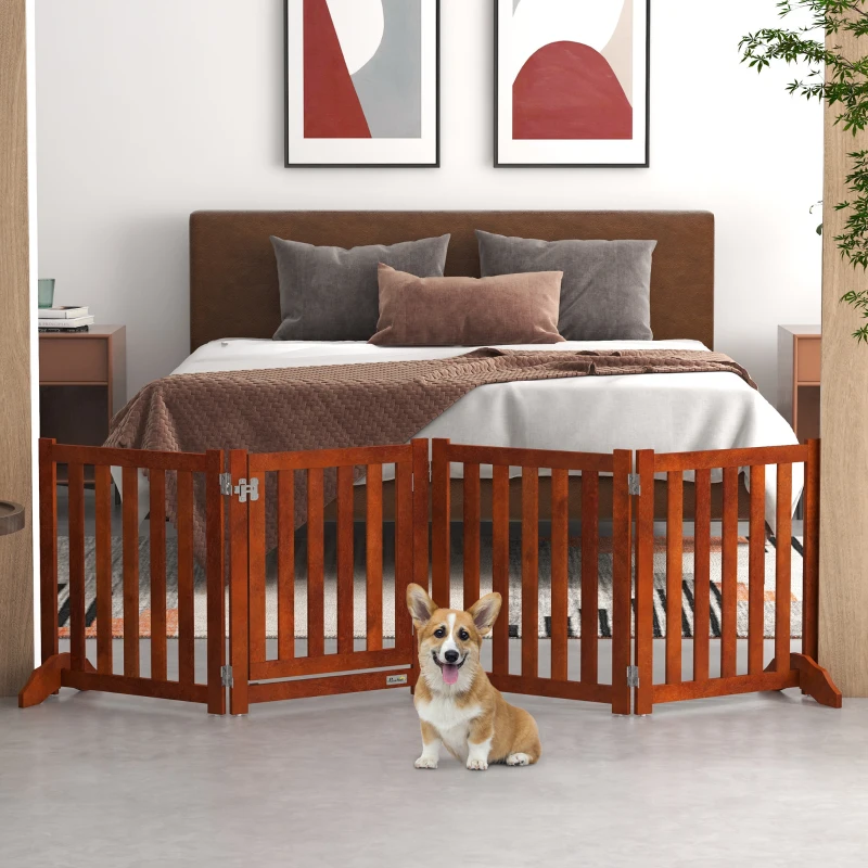 PawHut Barrière de sécurité chien pliable double face en bois, 4 panneaux avec porte, pieds de support, 205 x 60 cm, marron