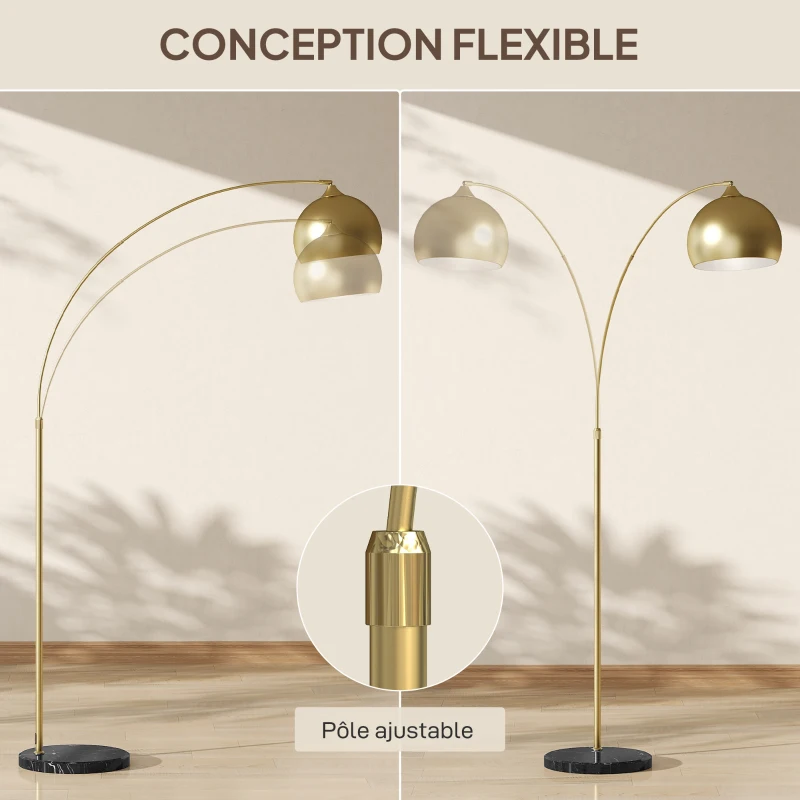 HOMCOM Lampadaire lampe de salon arc réglable pied marbre style vintage 40W E27 dim. 100-115L x 30l x 170-180H cm doré