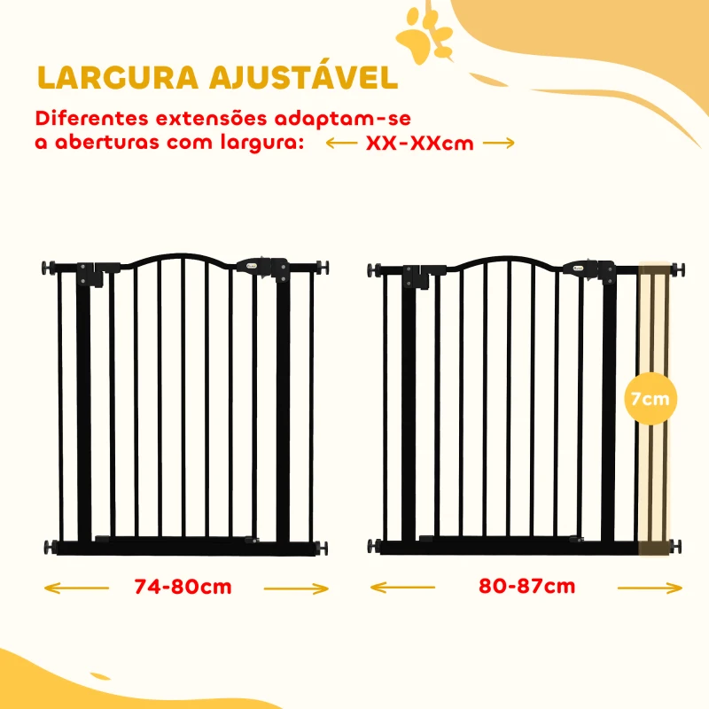 PawHut Barreira de Segurança para Cães com Largura Ajustável 74-80 cm e Extensões para Escadas e Portas Preto