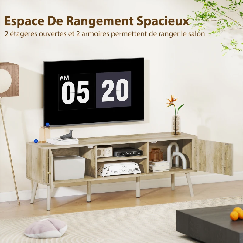 HOMCOM Meuble TV, meuble télé jusqu'à 65 pouces avec 2 portes, 2 compartiments ouverts, étagère réglable, 140x35x49cm, chêne