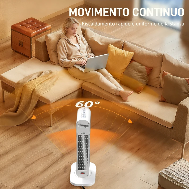 HOMCOM Termoventilatore in ABS da 2000W con Telecomando, Oscillazione e Timer, 30x22x82.5 cm, Bianco