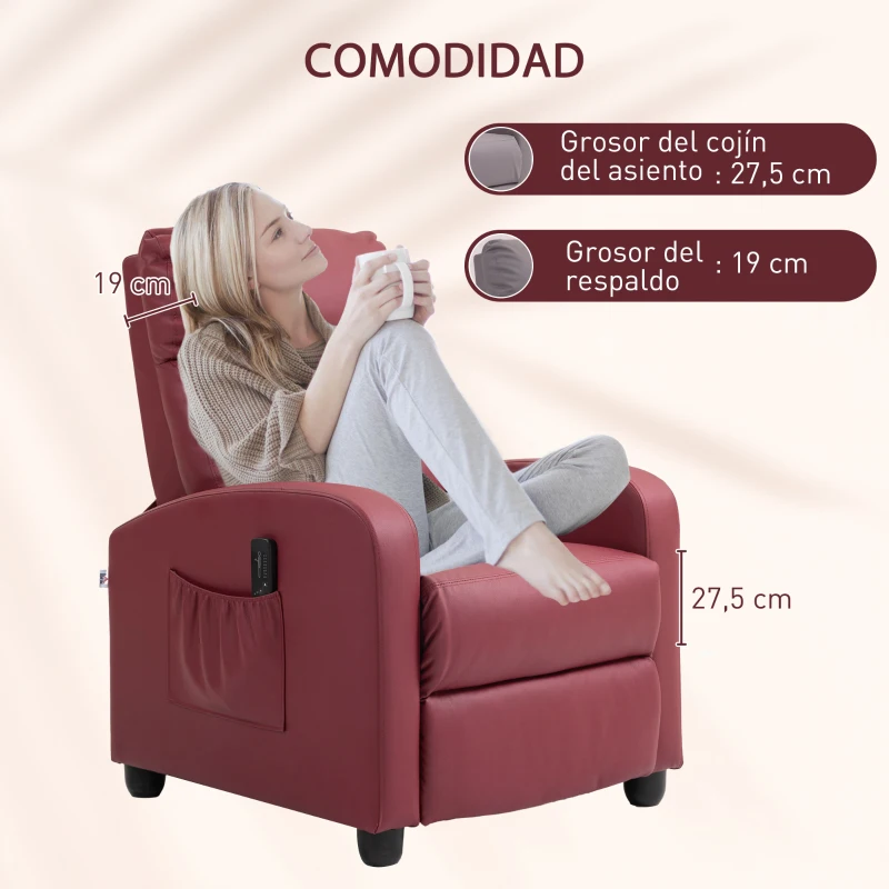HOMCOM Sillón de Masaje Reclinable con Mando a Distancia Bolsillo Lateral y Temporizador Tapizado en PU 68x88x98cm Rojo Burdeos