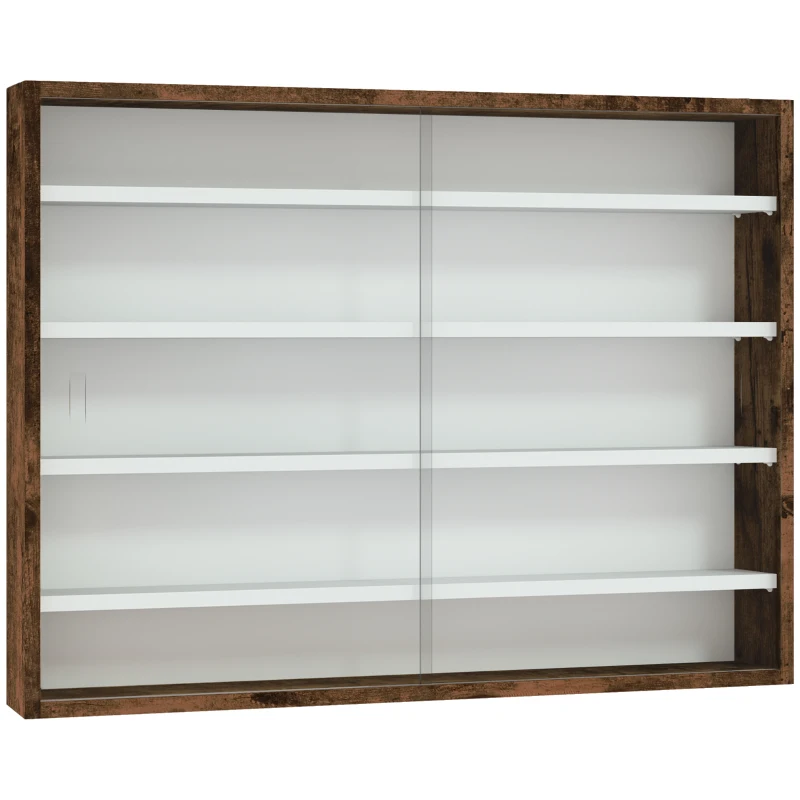 HOMCOM Bacheca Portaoggetti a 4 Ripiani Regolabili, Vetrina a Muro in Vetro e Legno, 80x9.5x60 cm, Marrone