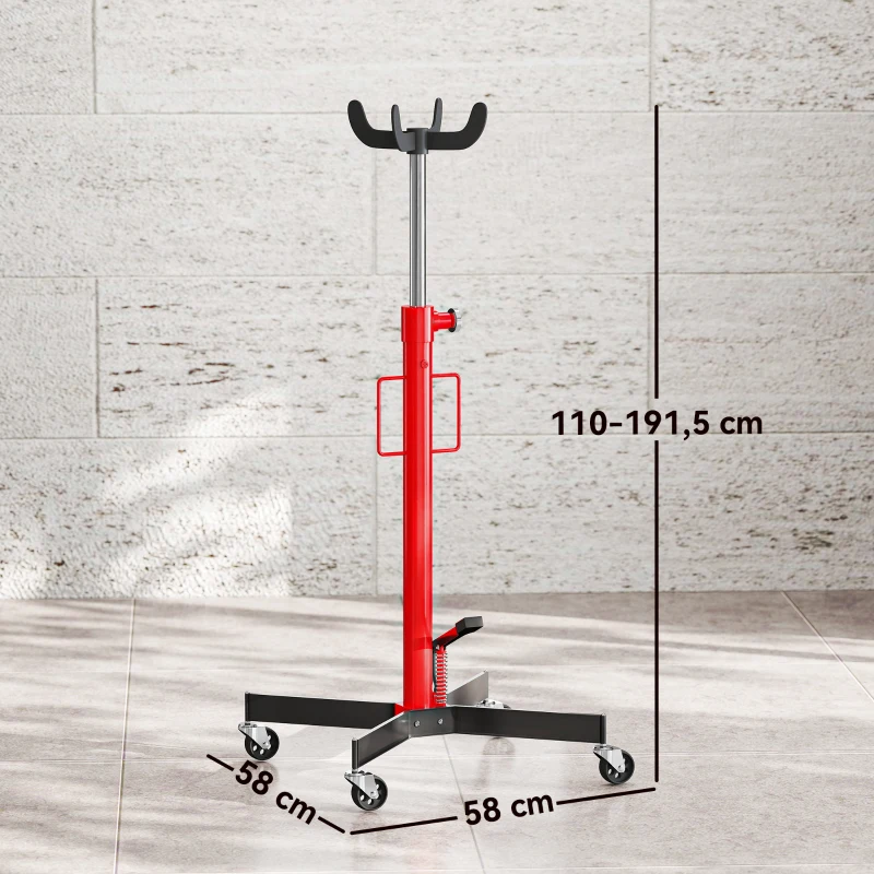 HOMCOM Gato de foso hidráulico, gato de elevación 500 kg, con ruedas pivotantes y pedal, acero, 58 x 58 x 110-191,5 cm rojo