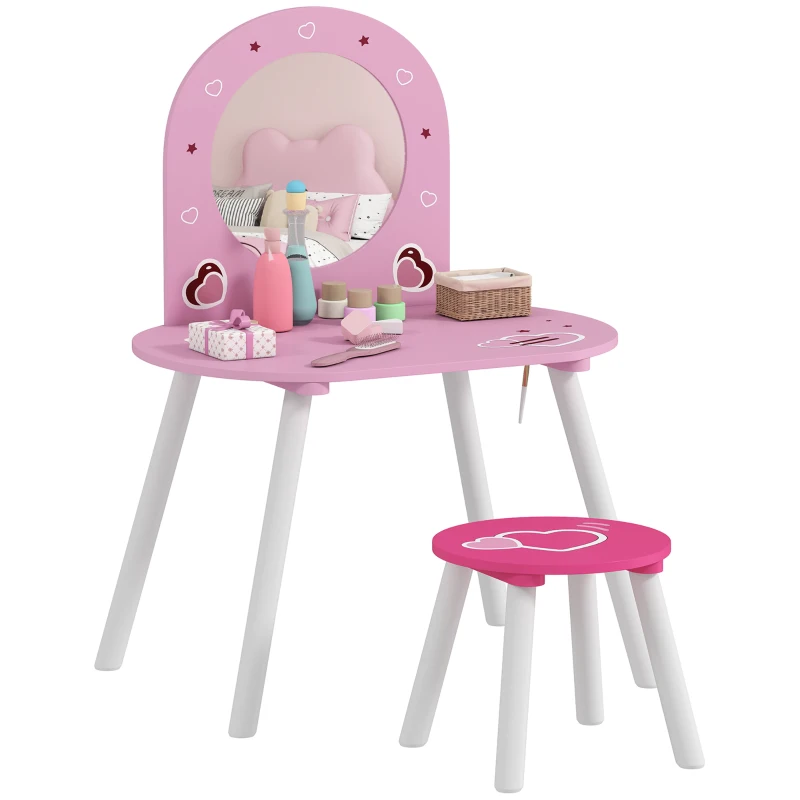 AIYAPLAY Toucador Infantil com Banco e Espelho Toucador para Meninas com Desenhos de Corações  60x43,5x83 cm  Rosa