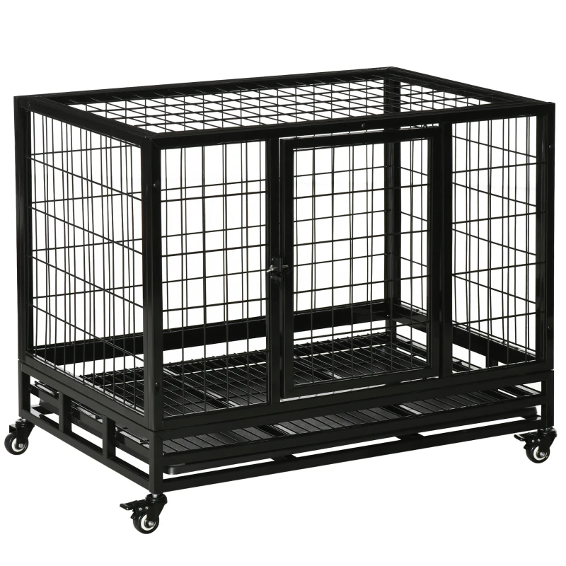 PawHut Cage pour chien animaux cage de transport sur roulettes 2 portes verrouillables plateau amovible 92 x 62 x 75 cm noir