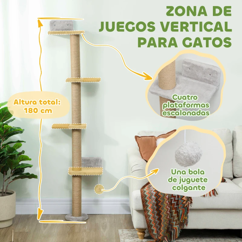 PawHut Árbol para Gatos de Pared de 5 Niveles Rascador para Gatos Estrecho con Bola y Rascadores 48x21x180 cm Gris Claro