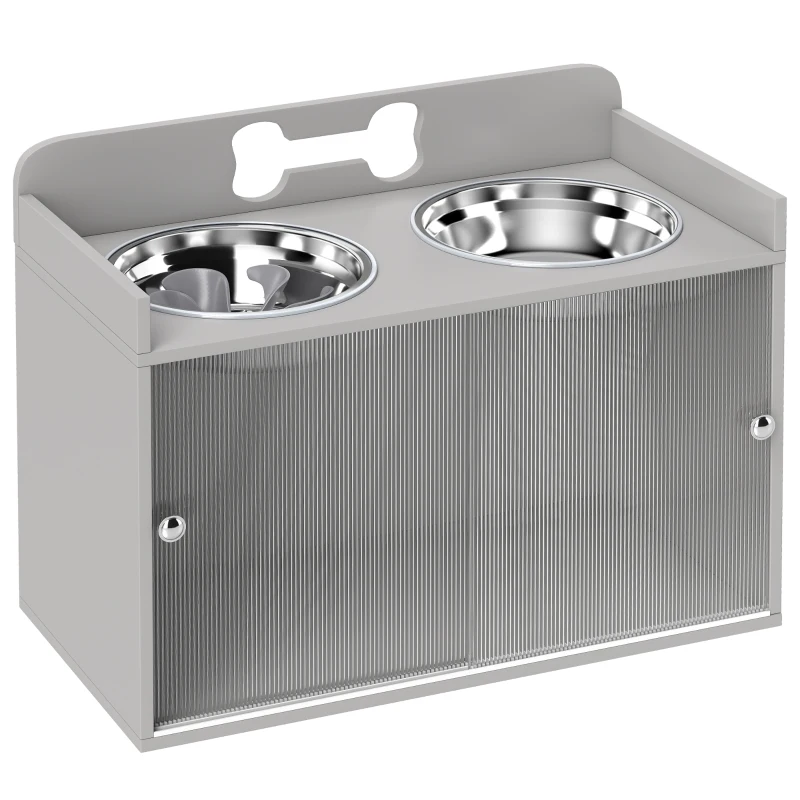 PawHut Station d'alimentation surélevée avec 2 gamelles et placard, MDF, acier inoxydable, motif os, Gris