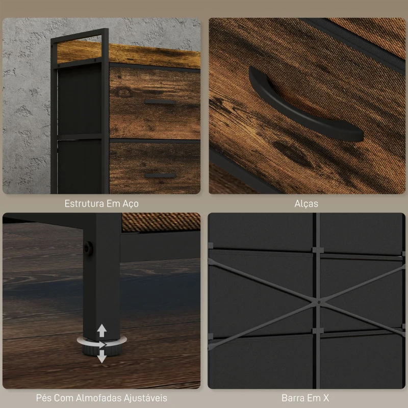 HOMCOM Cómoda com 6 Gavetas Dobráveis de Tecido Estrutura de Aço e Estilo Industrial 79x29x85 cm Castanho Rústico