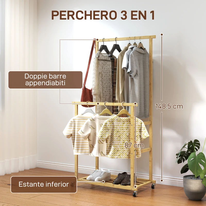 HOMCOM Perchero Colgador de Ropa de Bambú con Ruedas Estante para Zapatos 2 Barras para Colgar 80x40x160 cm Natural
