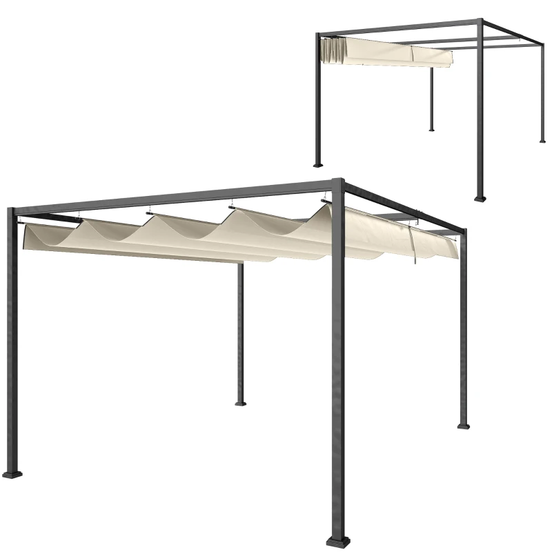Outsunny Pérgola 298x213x221 cm Pérgola de Jardim com Teto Retrátil de Poliéster com Revestimento Creme
