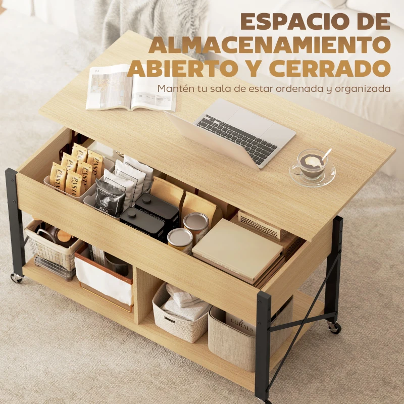 HOMCOM Mesa de Centro Elevable con Ruedas Mesa de Salón con Compartimento Oculto Estantes Abiertos Madera Natural y Blanco